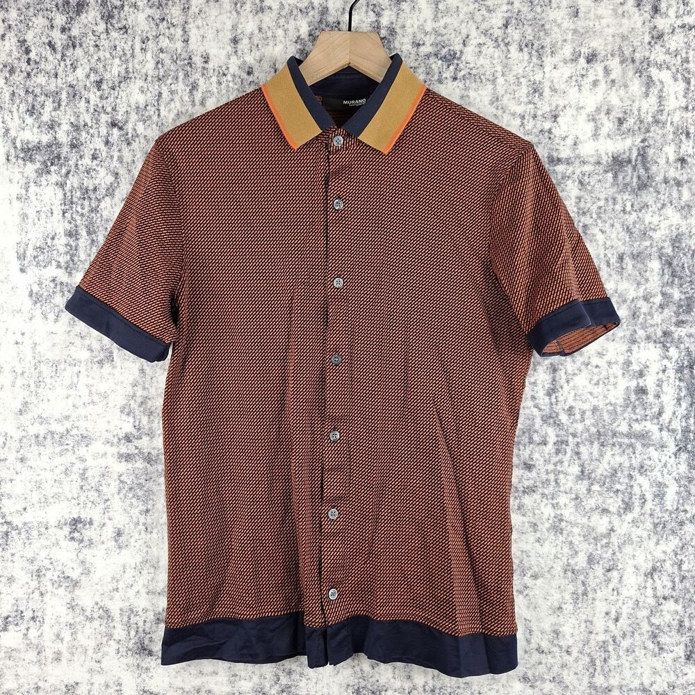 Murano Liquid Luxury Mens M Rust Orange Textured Knit Short Sleeve Button Down